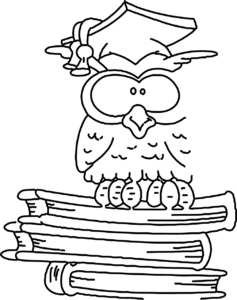 cartoon of an owl with grad cap on sitting on top of books.