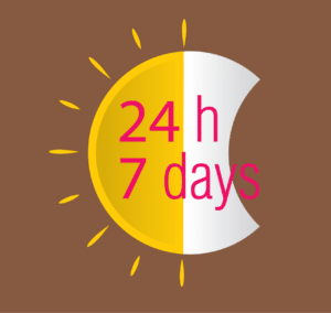 sun and moon together with the words "24 h, 7 days" on it