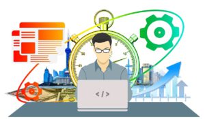 illustration of man sitting in front of a laptop with a timer behind him and data analysis