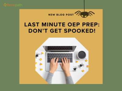 Halloween-themed blog post graphic titled 'Last Minute OEP Prep: Don’t Get Spooked!' showing hands typing on a laptop surrounded by candy corn and small plastic spiders.