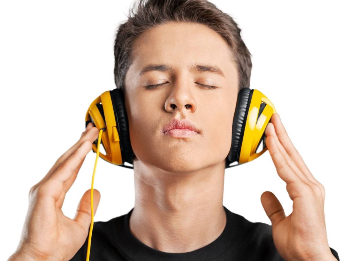 Young man with closed eyes wearing yellow headphones, focusing on the audio.