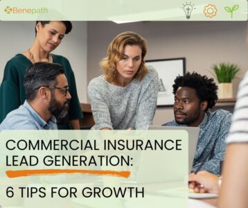 Group of professionals collaborating on commercial insurance lead generation strategies, with a title overlay: 'Commercial Insurance Lead Generation: 6 Tips for Growth'